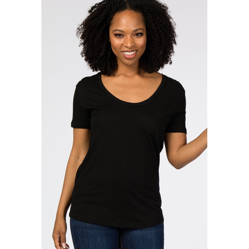 Black Scoop Neck Pocket Front Top