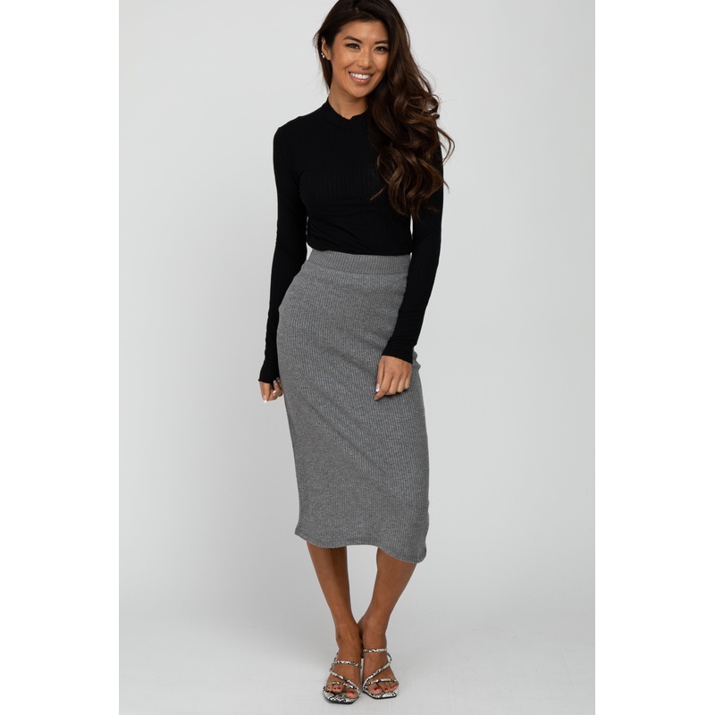Charcoal Ribbed Back Slit Pencil Skirt