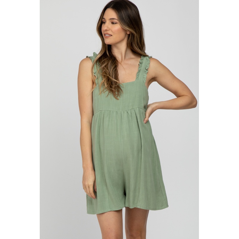 Mint Green Square Neck Ruffle Strap Linen Maternity Romper