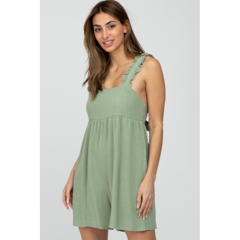Mint Green Square Neck Ruffle Strap Linen Romper