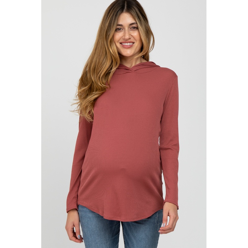 Rust Ribbed Lightweight Maternity Hoodie