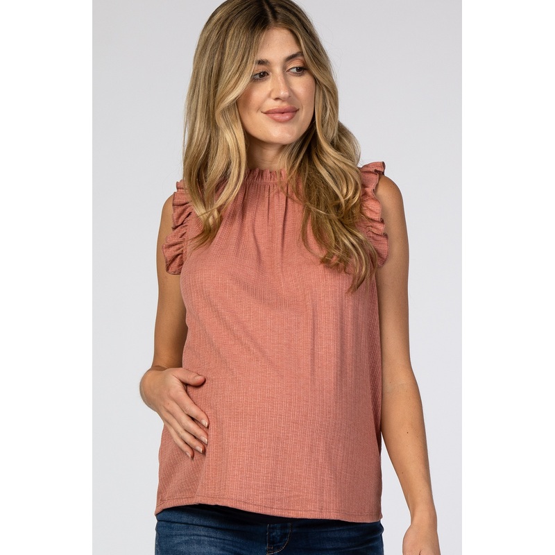 Rust Ruffle Accent High Neck Maternity Top