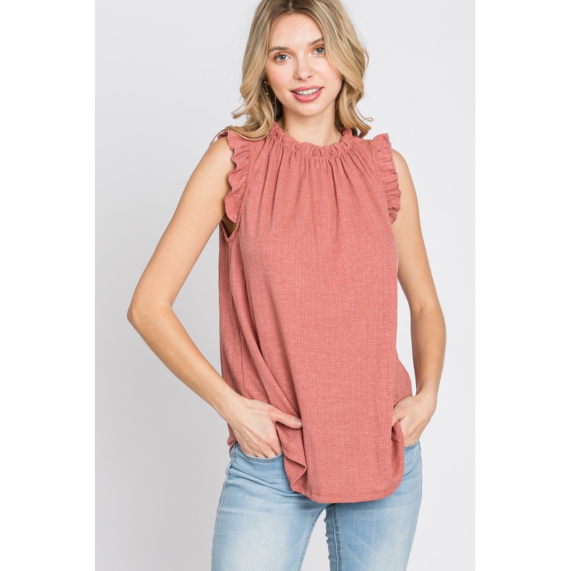 Rust Ruffle Accent High Neck Top
