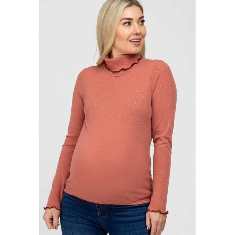 Rust Thermal Knit Turtle Neck Maternity Top