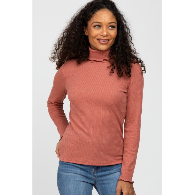 Rust Thermal Knit Turtle Neck Top