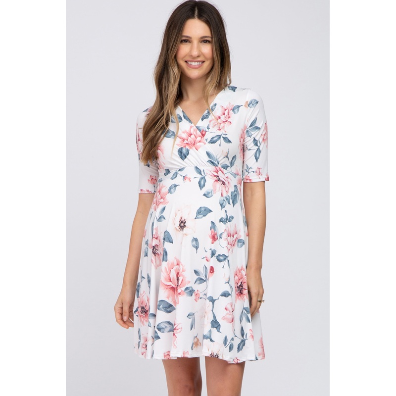 White Floral Maternity/Nursing Wrap Dress