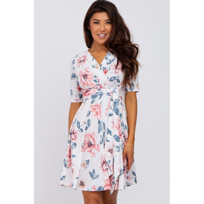 White Floral Nursing Wrap Dress