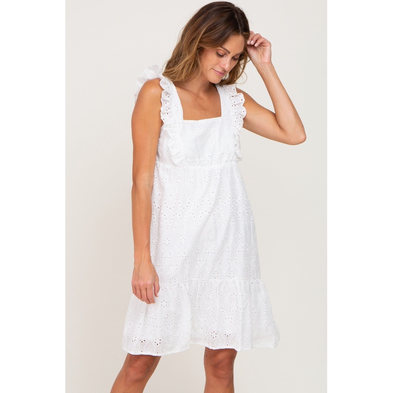 White Ruffle Strap Embroidered Eyelet Dress