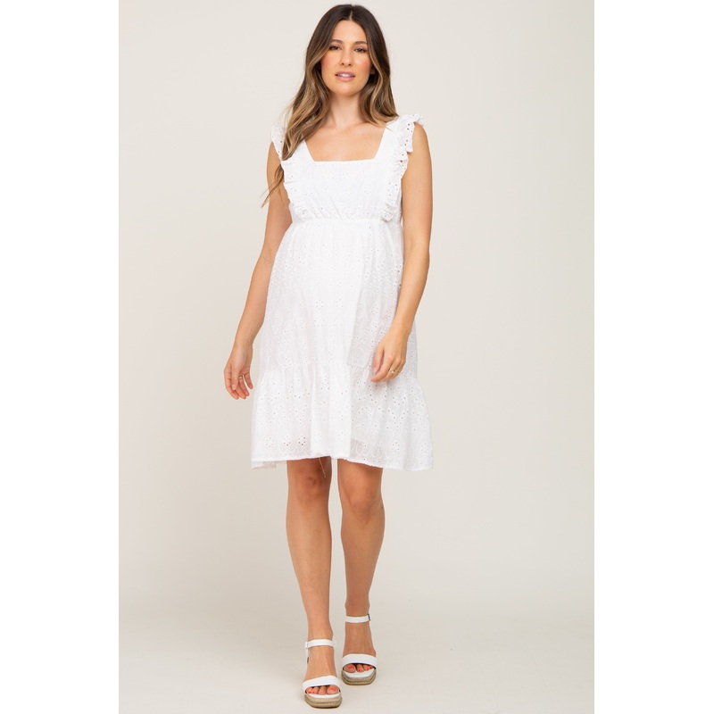 White Ruffle Strap Embroidered Eyelet Maternity Dress