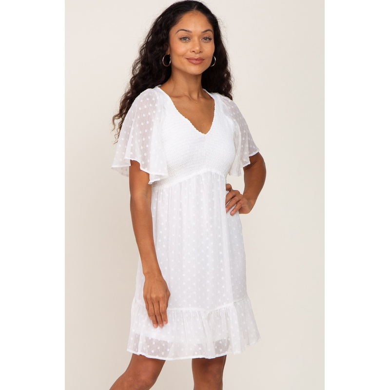 White Swiss Dot Chiffon Smocked Short Sleeve Dress