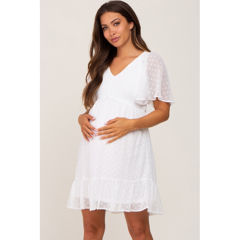 White Swiss Dot Chiffon Smocked Short Sleeve Maternity Dress