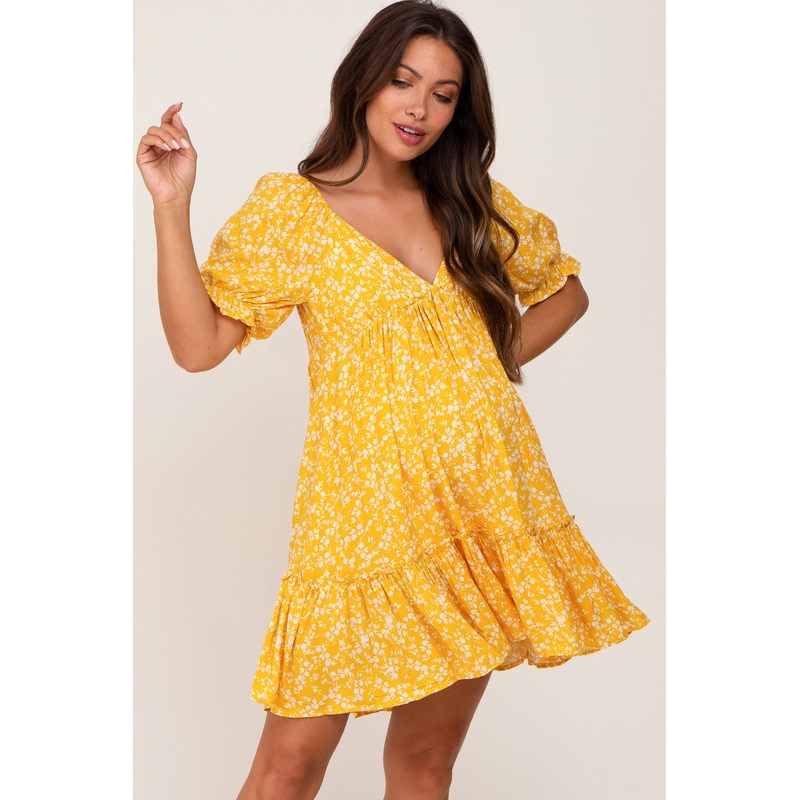 Yellow Floral Ruffle Accent Maternity Mini Dress