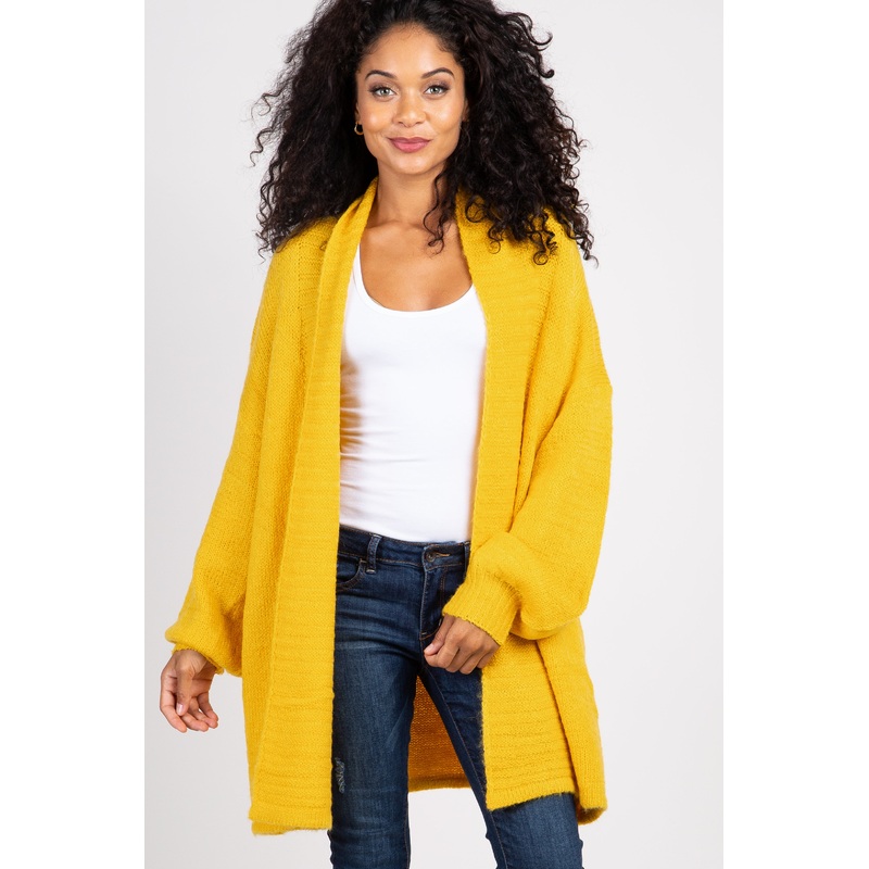 Yellow Knit Puff Sleeve Cardigan