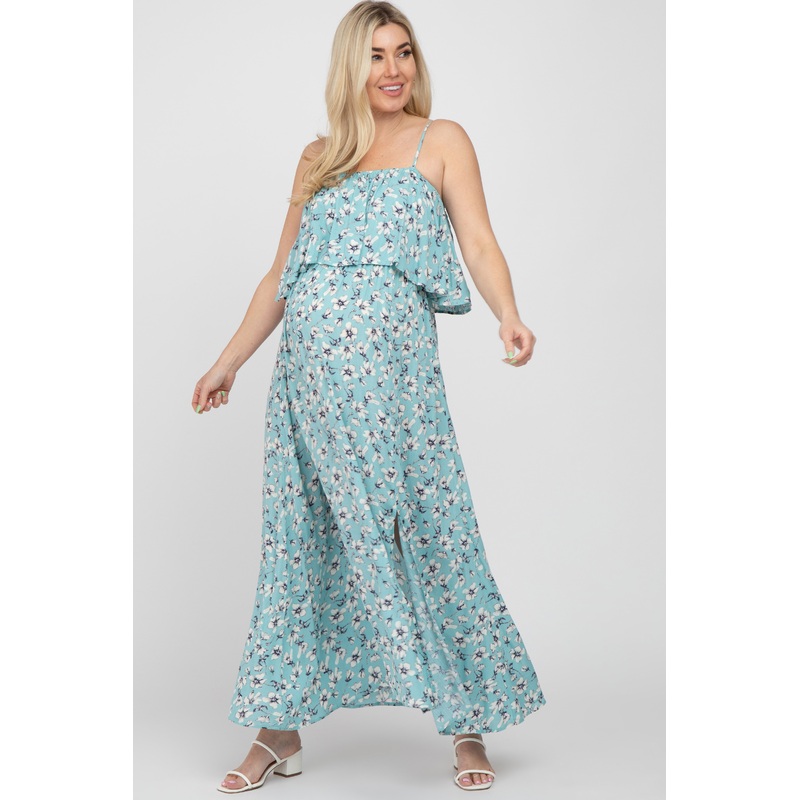 Aqua Floral Flounce Maternity Maxi Dress