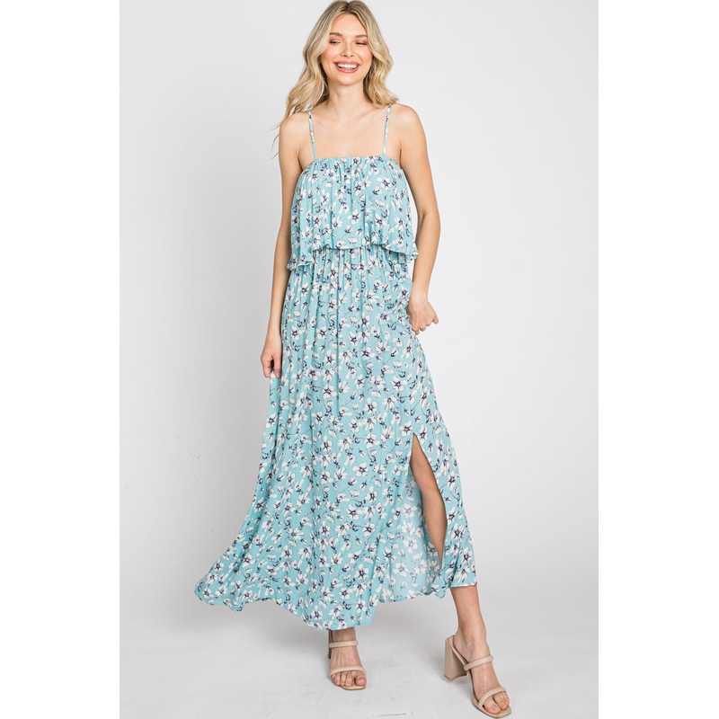 Aqua Floral Flounce Maxi Dress