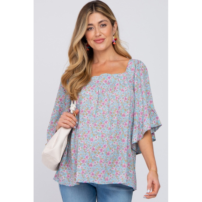 Aqua Floral Squared Neck Maternity Top