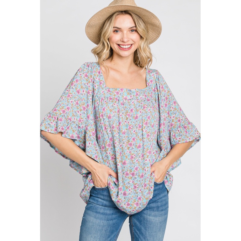 Aqua Floral Squared Neck Top