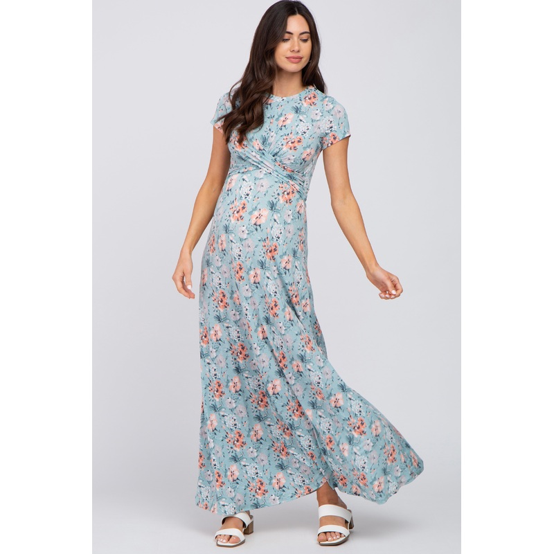 Aqua Floral Twist Maternity Maxi Dress