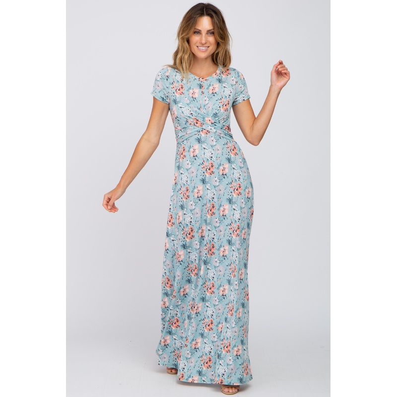 Aqua Floral Twist Maxi Dress