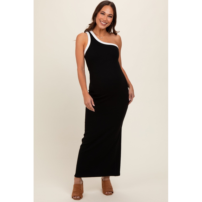 Black Contrast One Shoulder Maternity Maxi Dress