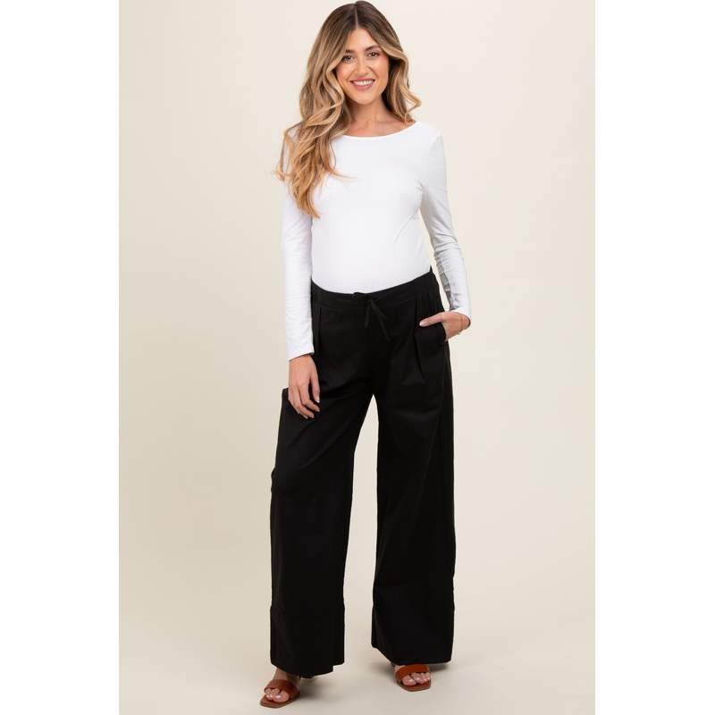 Black Pleated Drawstring Waist Maternity Pants