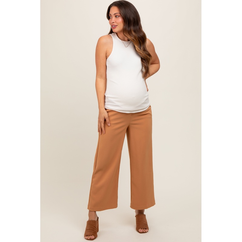 Camel Cropped Wide Leg Maternity Trousers