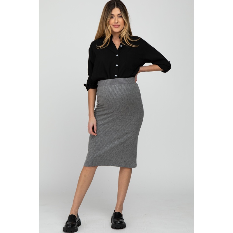 Charcoal Ribbed Back Slit Maternity Pencil Skirt