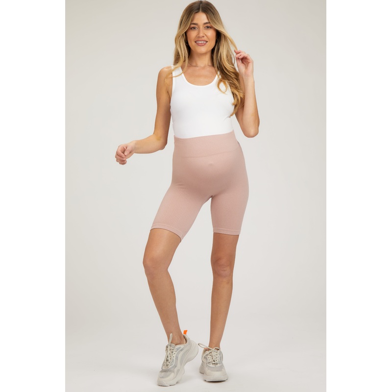 Light Mauve Rib Knit Maternity Biker Shorts