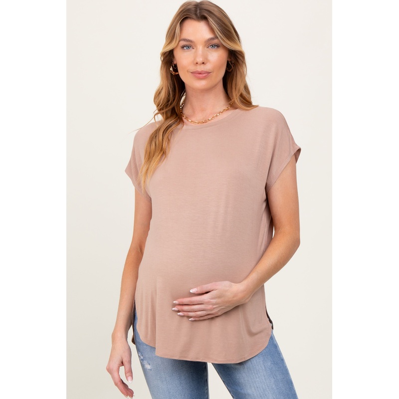 Taupe Dolman Sleeve Round Neck Maternity Top