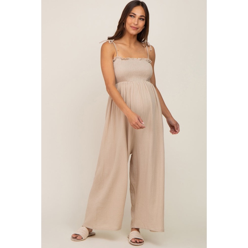 Taupe Sleeveless Cropped Maternity Jumpsuit