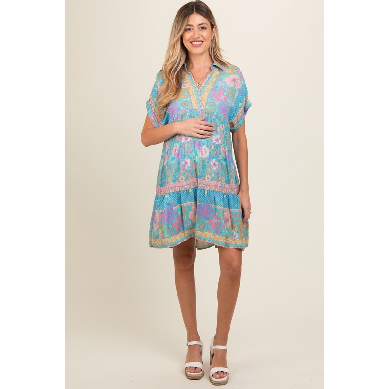 Turquoise Mixed Floral Tiered Maternity Dress