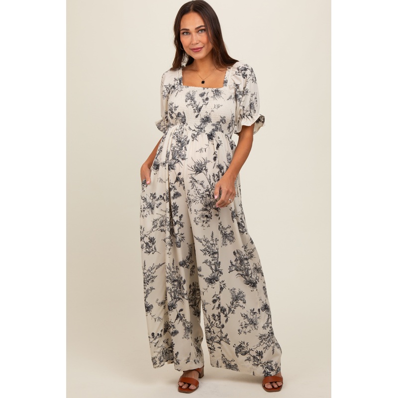 White Floral Smocked Square Neck Wide Leg Maternity Jumpsuit
