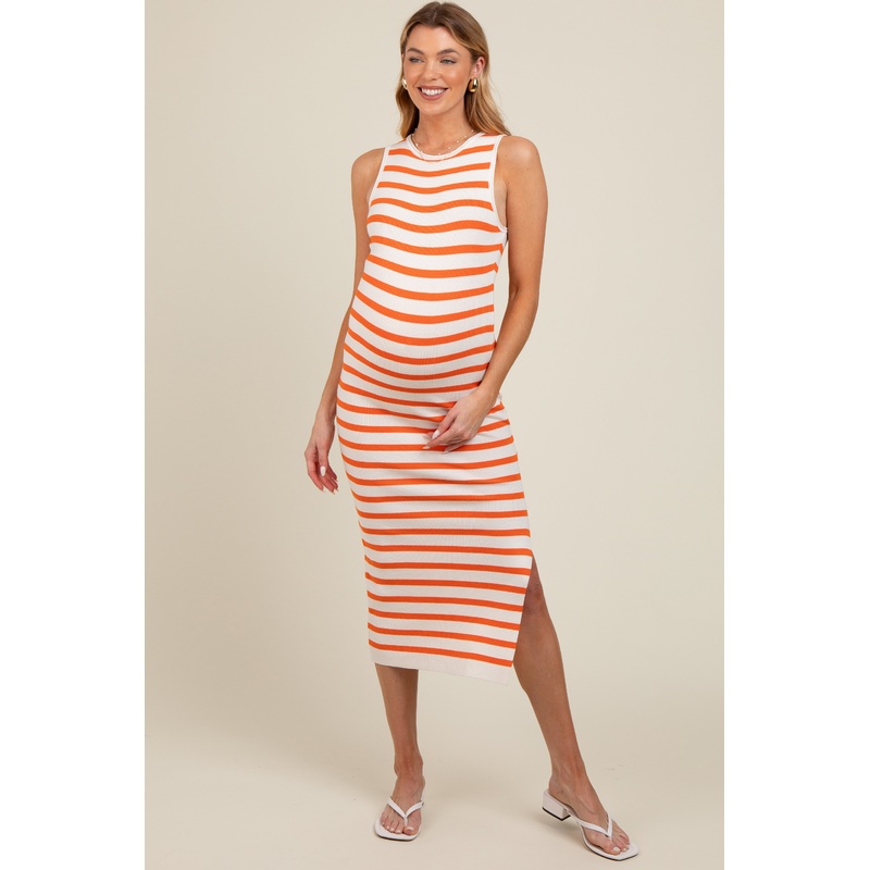 White Orange Striped Knit Sleeveless Side Slit Maternity Midi Dress
