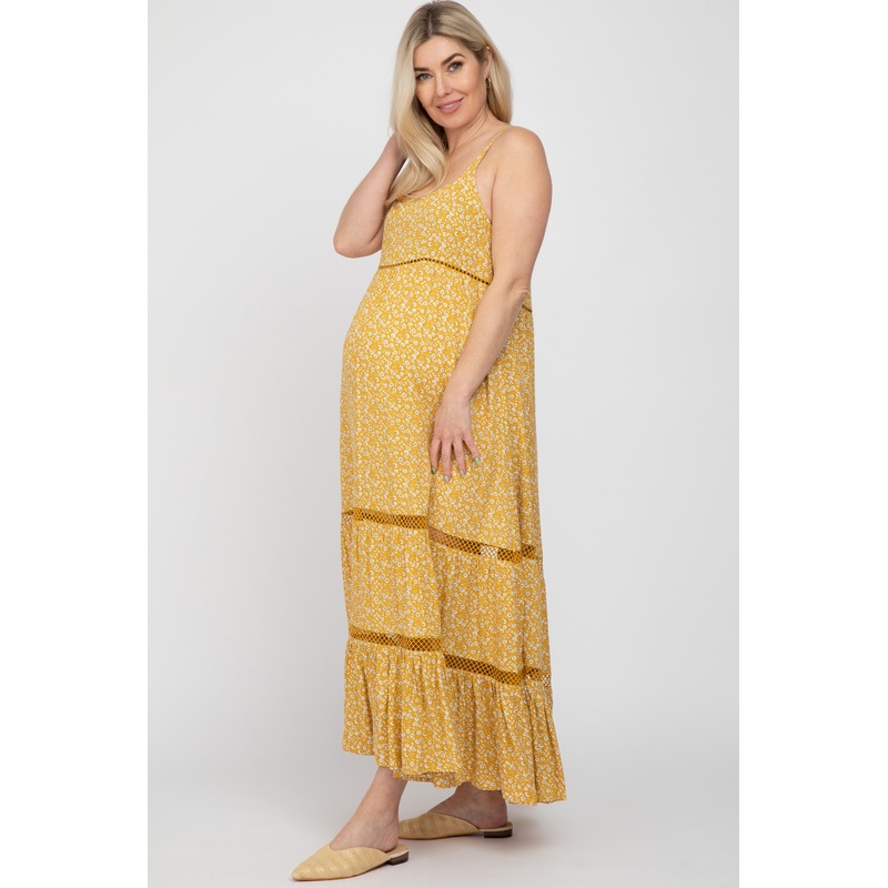 Yellow Ditsy Floral Crochet Accent Maternity Maxi Dress