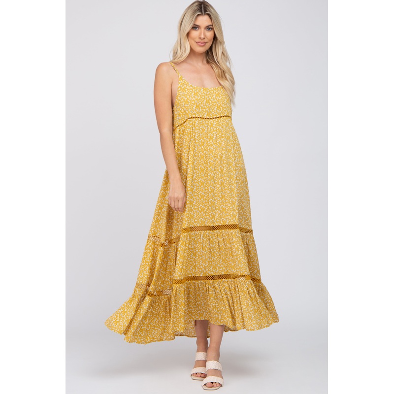 Yellow Ditsy Floral Crochet Accent Maxi Dress