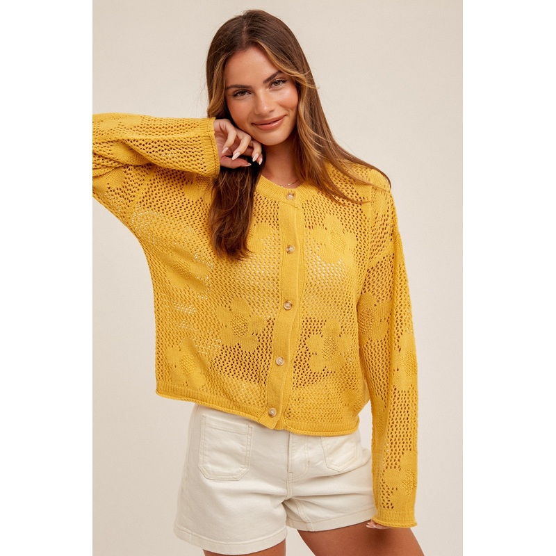 Yellow Floral Open-Stitch Sweater Cardigan