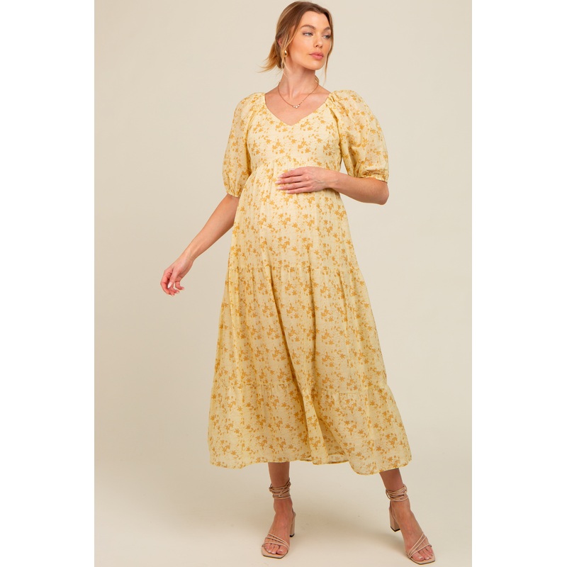 Yellow Floral V-Neck Tiered Maternity Midi Dress