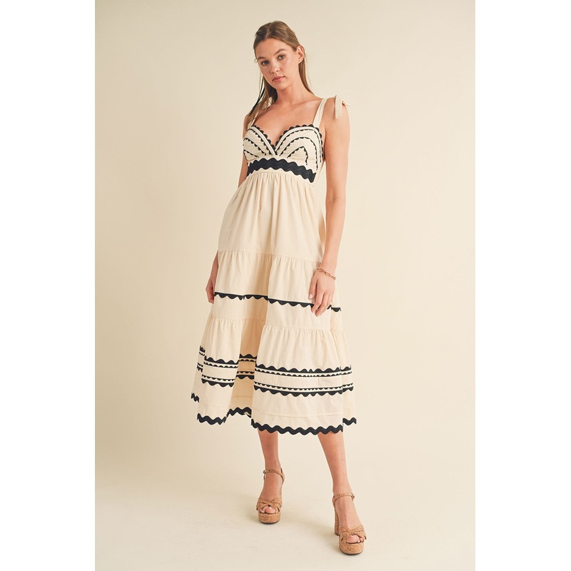 Almond Cream Tiered Trim Midi Dress