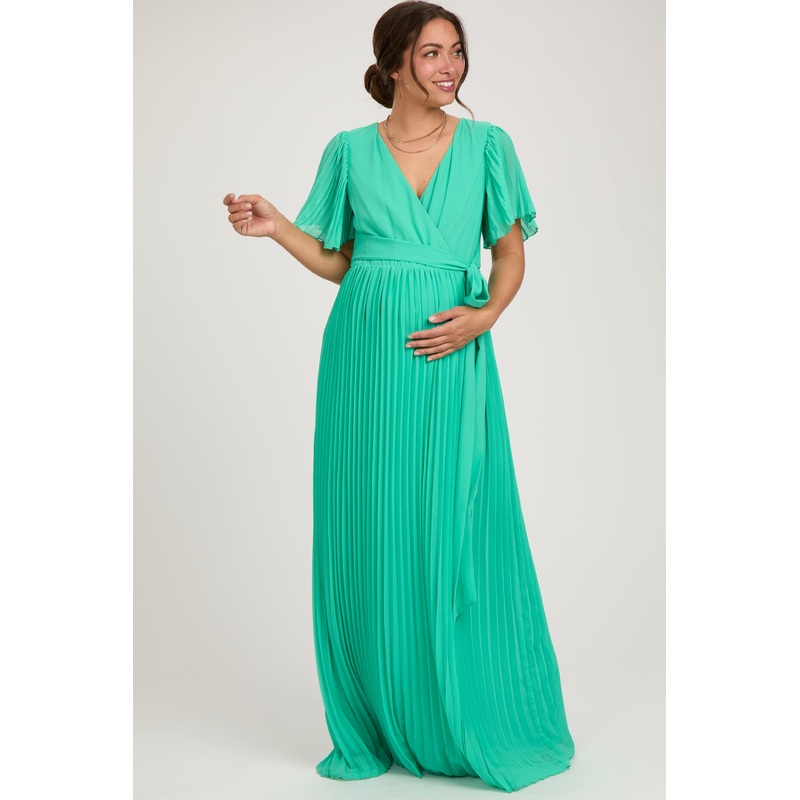 Aqua Chiffon Wrap Front V-Neck Short Sleeve Pleated Maternity Maxi Dress