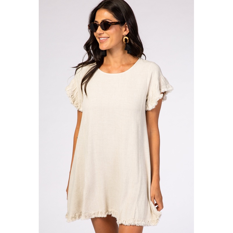 Beige Fringe Linen Dress