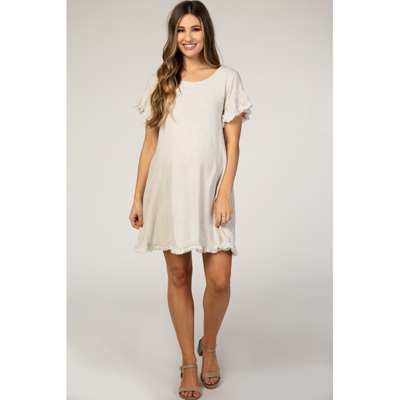 Beige Fringe Linen Maternity Dress