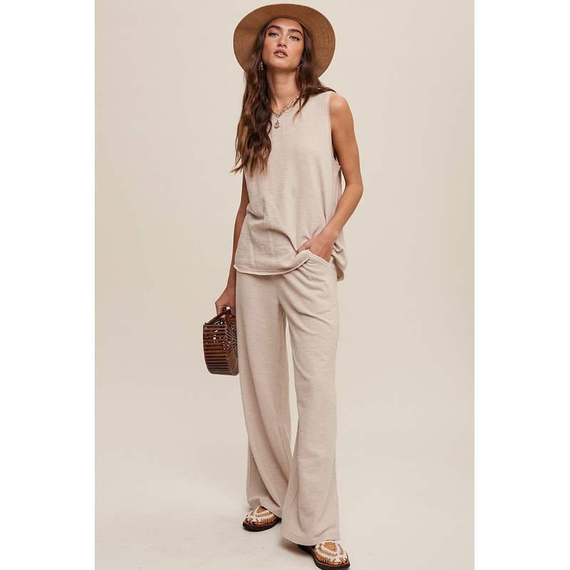 Beige Slub Knit Pants Set