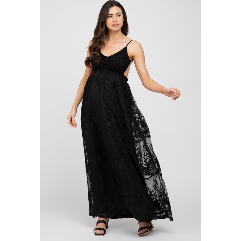 Black Crochet Lace Open Back Maternity Maxi Dress