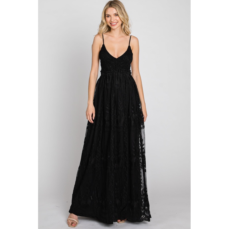 Black Crochet Lace Open Back Maxi Dress