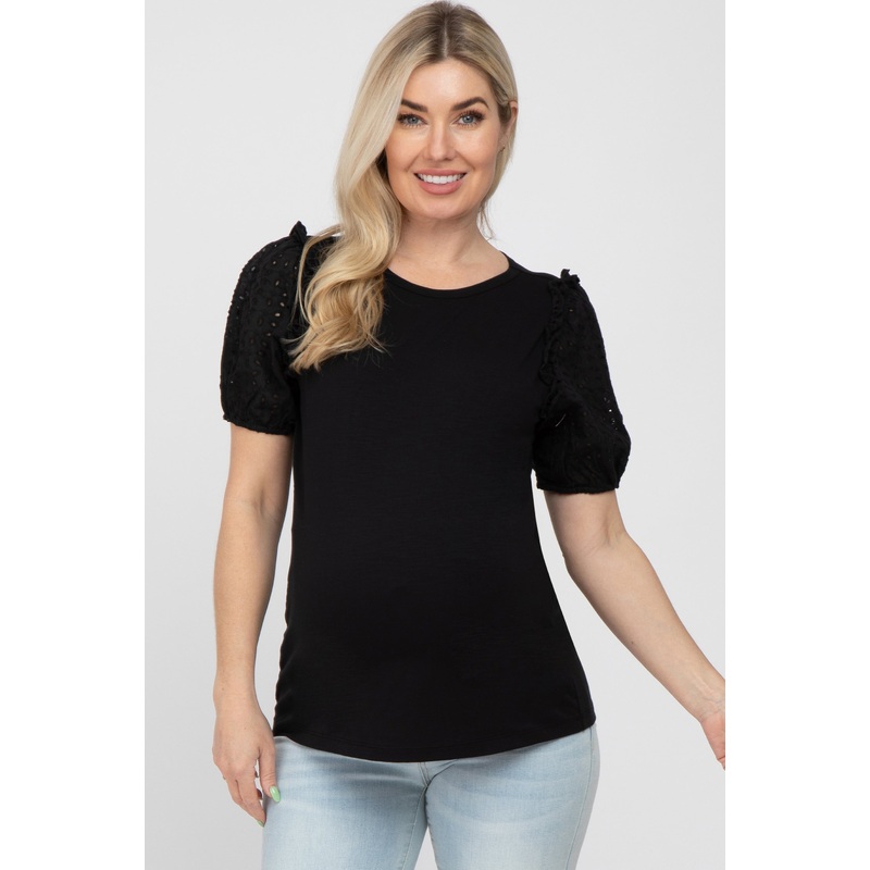 Black Eyelet Lace Sleeve Maternity Blouse