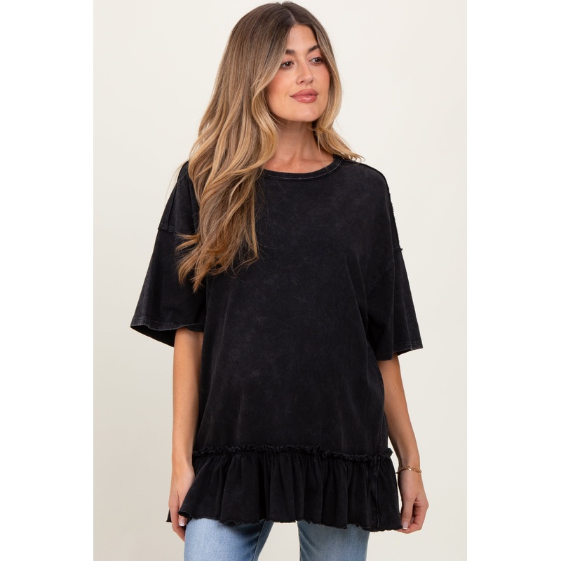 Black Relaxed Ruffled Tunic Maternity Top