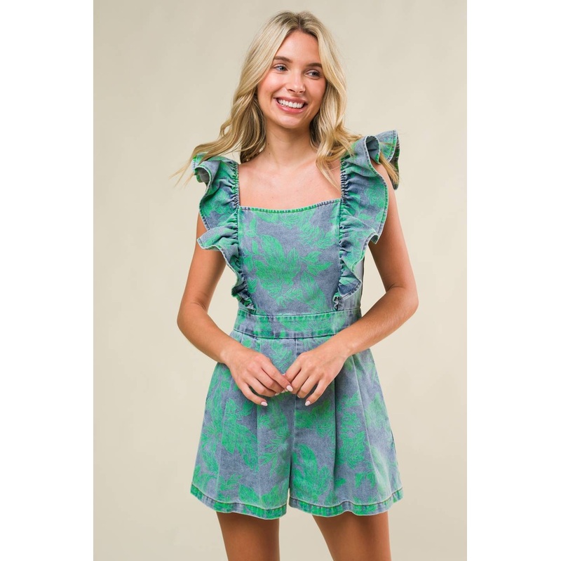 Blue Green Floral Leaf Print Romper