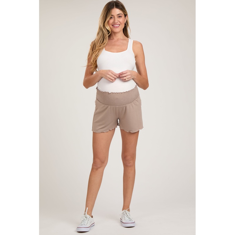 Light Mocha Smocked Maternity Lounge Shorts