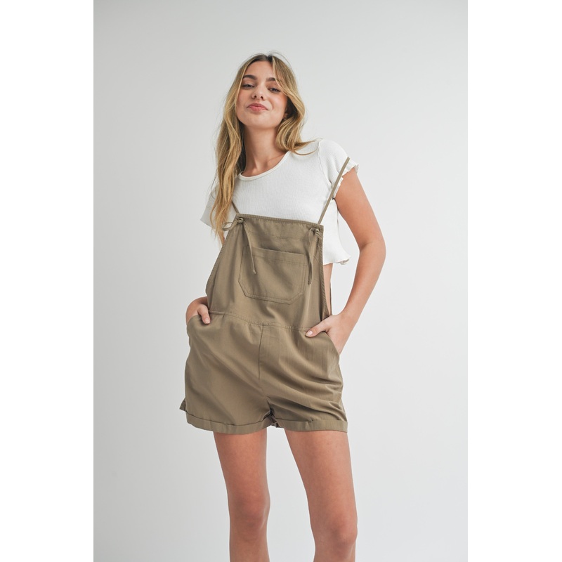 Olive Front Pocket Short Overalls