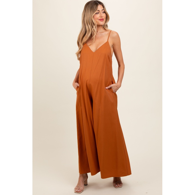Rust V-Neck Sleeveless Wide Leg Maternity Jumpsuit